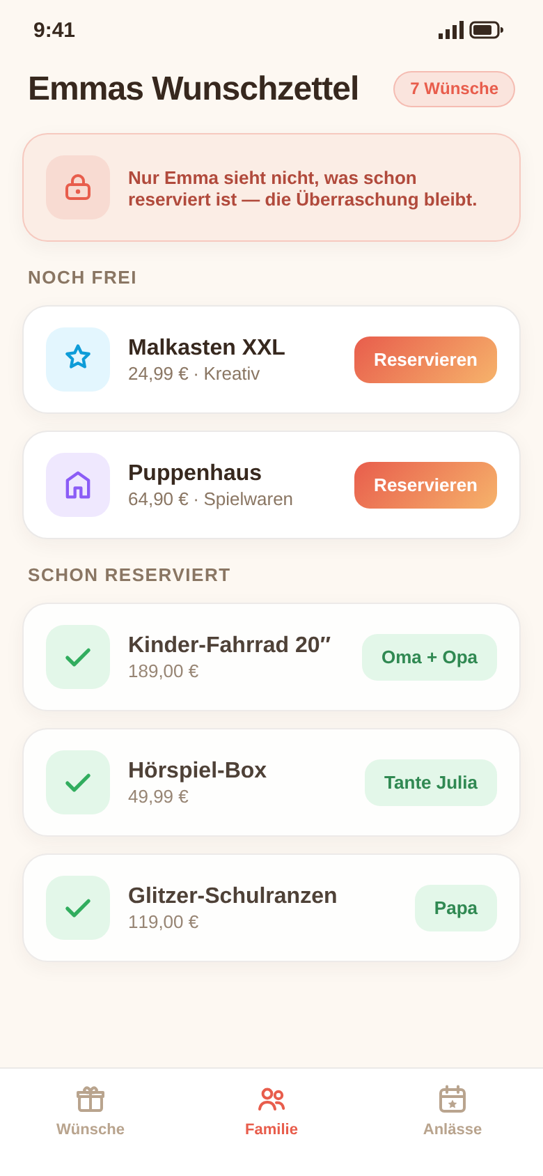 Familienansicht mit Reservierungen